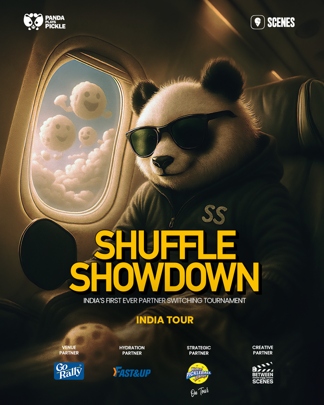 Shuffle Showdown India Tour 2025 - Panda mascot in airplane with partner logos including Go Rally, Fast&Up, World Pickleball League, and Between the Scenes